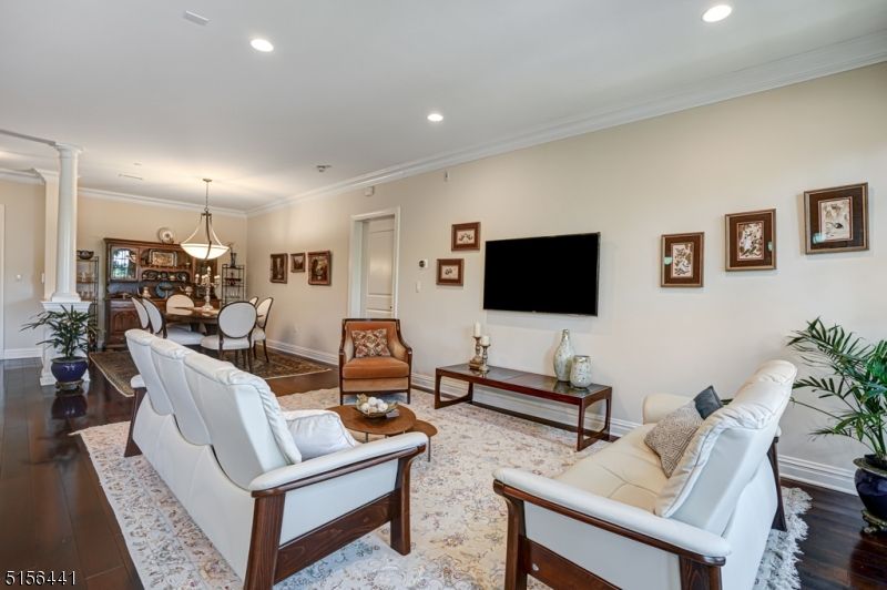Dining room, Interior, Living room, Pendant Lights, Recessed Lighting, Wood Texture Flooring