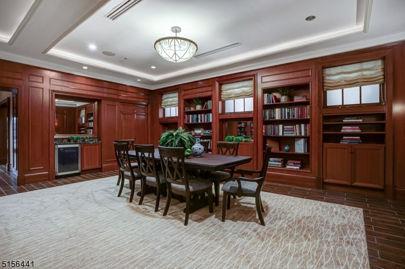 Dining room, Interior, Recessed Lighting, Wood Texture Flooring, Wooden Walls