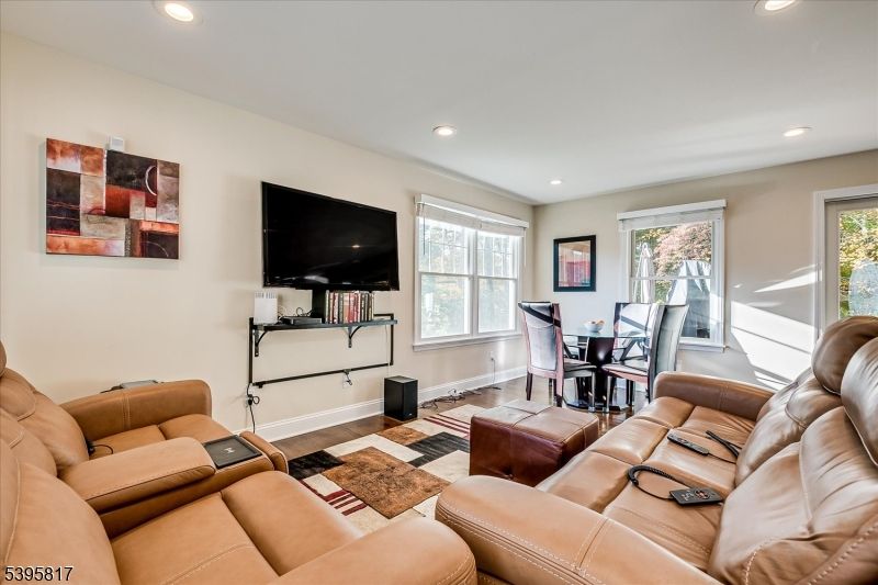Dining room, Interior, Living room, Recessed Lighting, Wood Texture Flooring