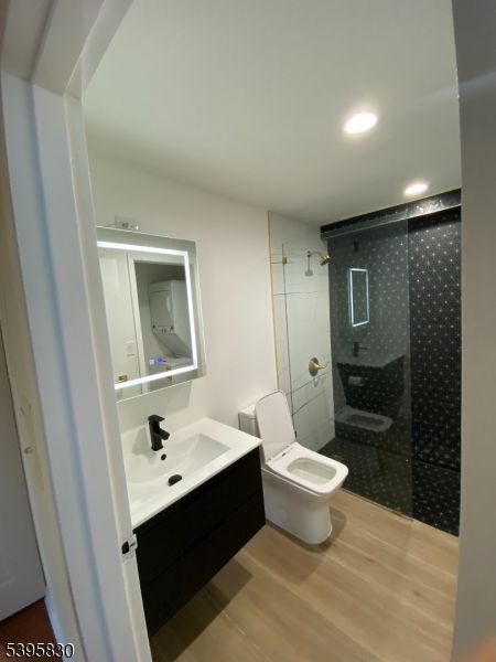 Bathroom, Glass Shower, Interior, Recessed Lighting, Wood Texture Flooring