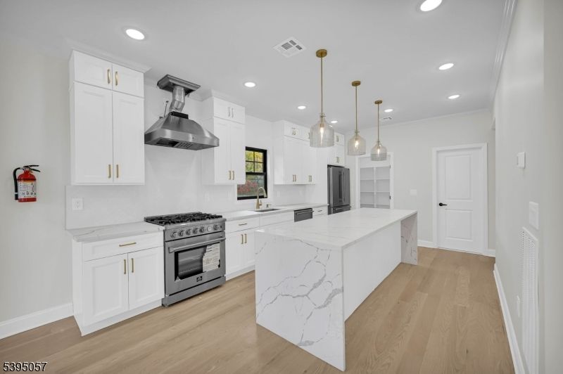 Interior, Kitchen, Pendant Lights, Recessed Lighting, Stainless Steel Appliances, Wood Texture Flooring
