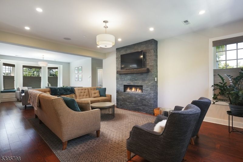 Fireplace, Interior, Living room, Pendant Lights, Recessed Lighting, Wood Texture Flooring