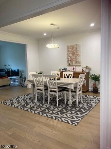 Dining room, Interior, Pendant Lights, Recessed Lighting, Wood Texture Flooring