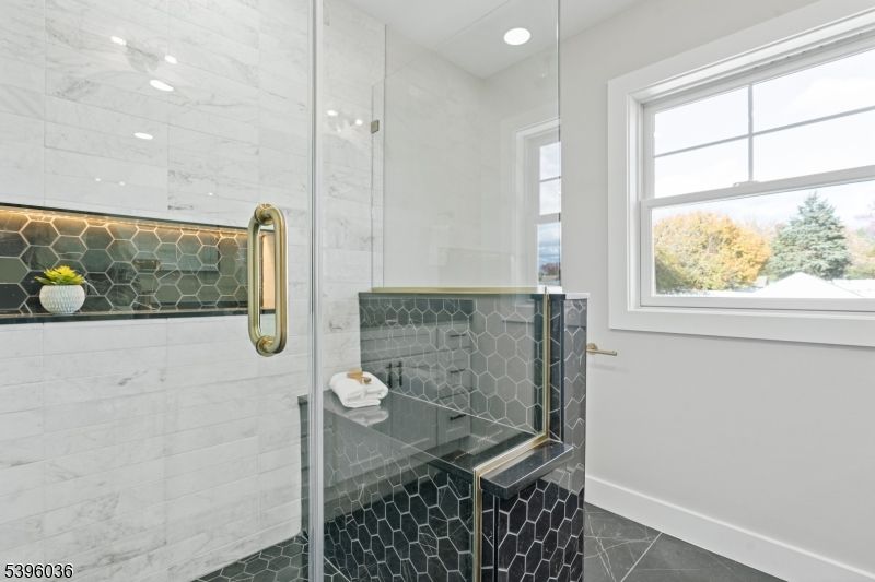 Bathroom, Glass Shower, Interior, Marble Walls, Recessed Lighting