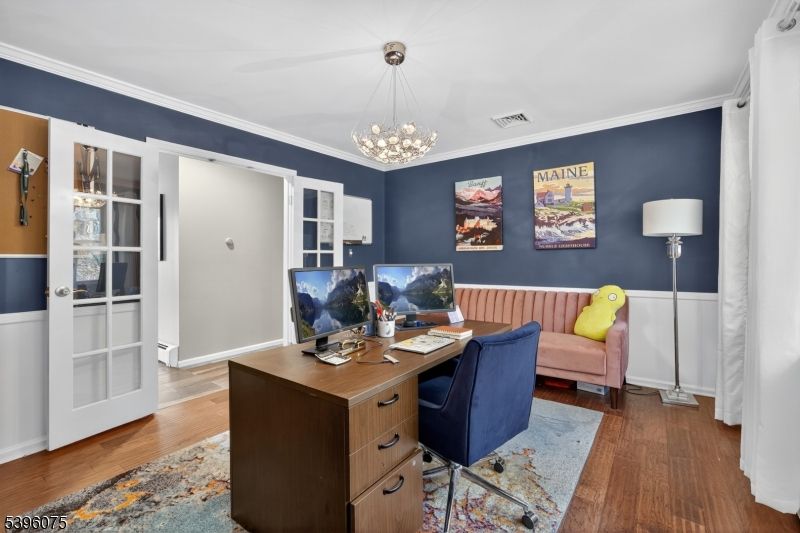 Chandelier, Home Office, Interior, Pendant Lights, Wood Texture Flooring