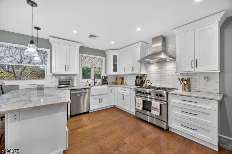 Interior, Kitchen, Pendant Lights, Recessed Lighting, Stainless Steel Appliances, Wood Texture Flooring