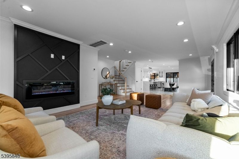 Dining room, Fireplace, Interior, Kitchen, Living room, Pendant Lights, Recessed Lighting, Wood Texture Flooring