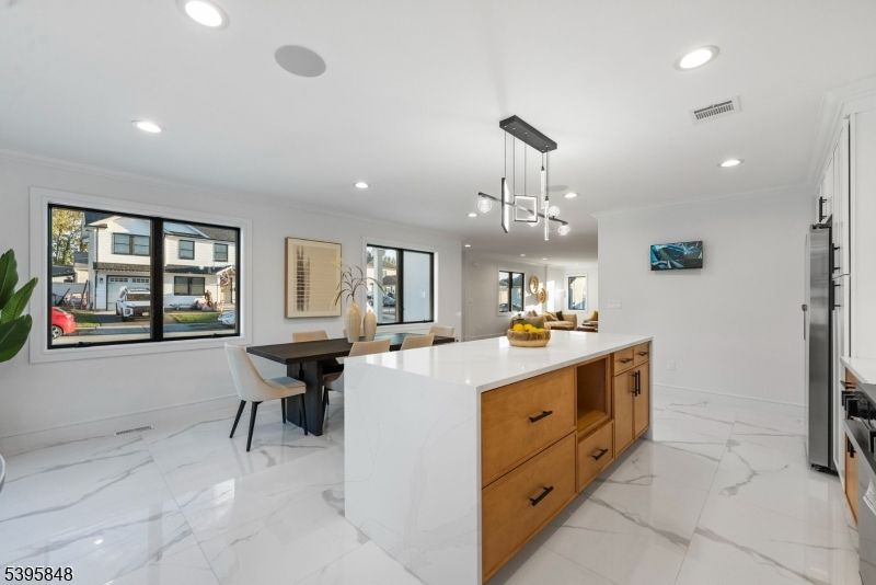 Dining room, Interior, Kitchen, Marble, Pendant Lights, Recessed Lighting, Stainless Steel Appliances