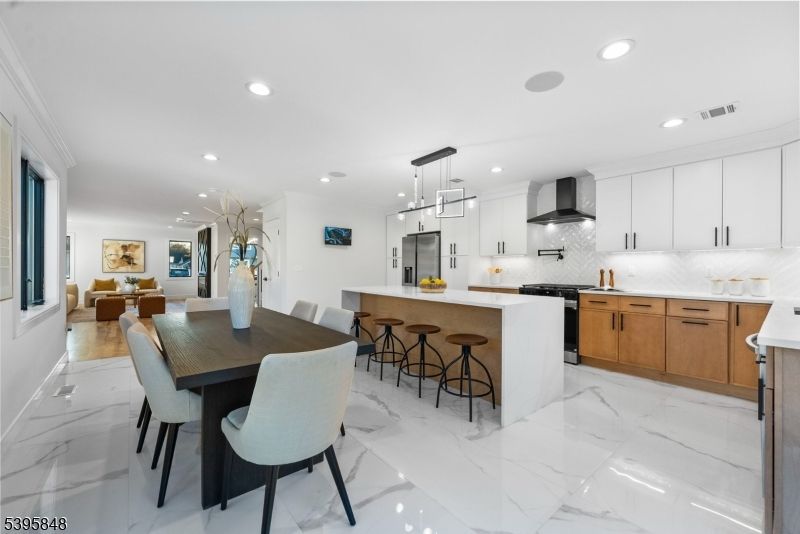 Dining room, Interior, Kitchen, Marble, Pendant Lights, Recessed Lighting, Stainless Steel Appliances