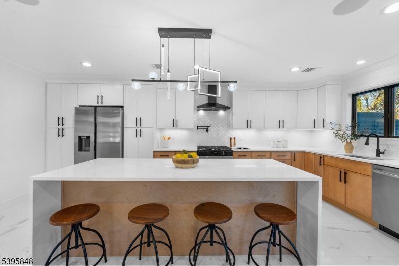 Interior, Kitchen, Marble, Pendant Lights, Recessed Lighting, Stainless Steel Appliances