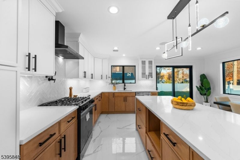 Interior, Kitchen, Marble, Pendant Lights, Recessed Lighting, Stainless Steel Appliances