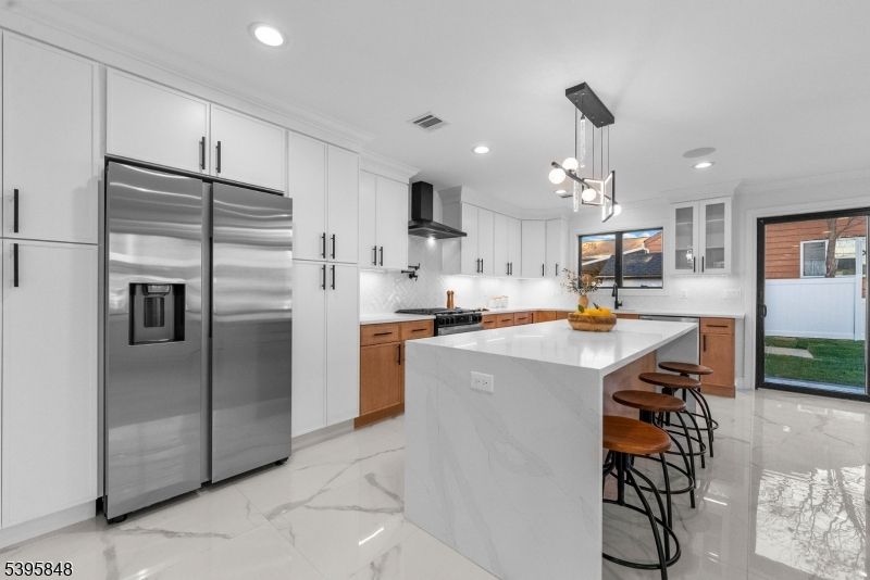 Interior, Kitchen, Marble, Pendant Lights, Recessed Lighting, Stainless Steel Appliances