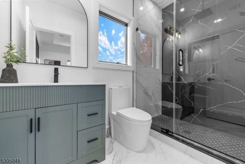 Bathroom, Glass Shower, Interior, Marble, Marble Walls, Recessed Lighting