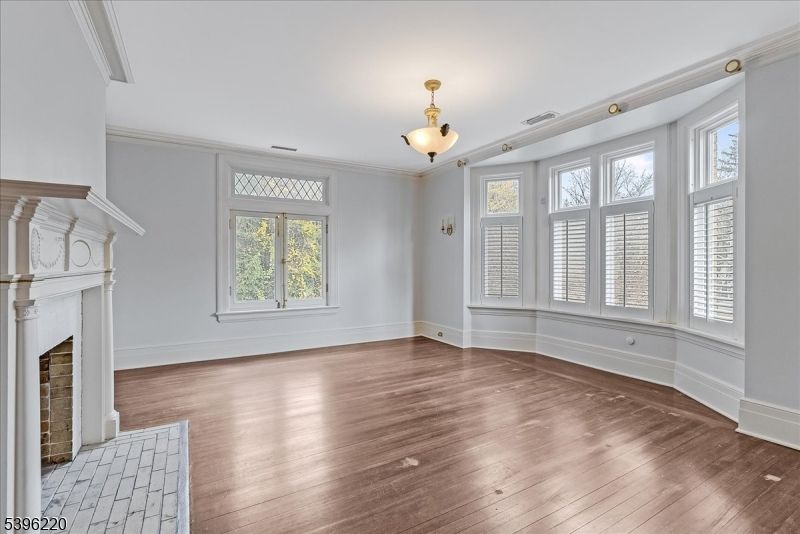 Empty room, Fireplace, Interior, Pendant Lights, Wood Texture Flooring