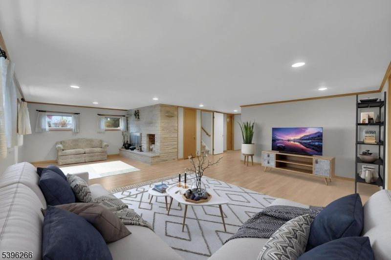 Interior, Living room, Recessed Lighting, Stone Walls, Wood Texture Flooring