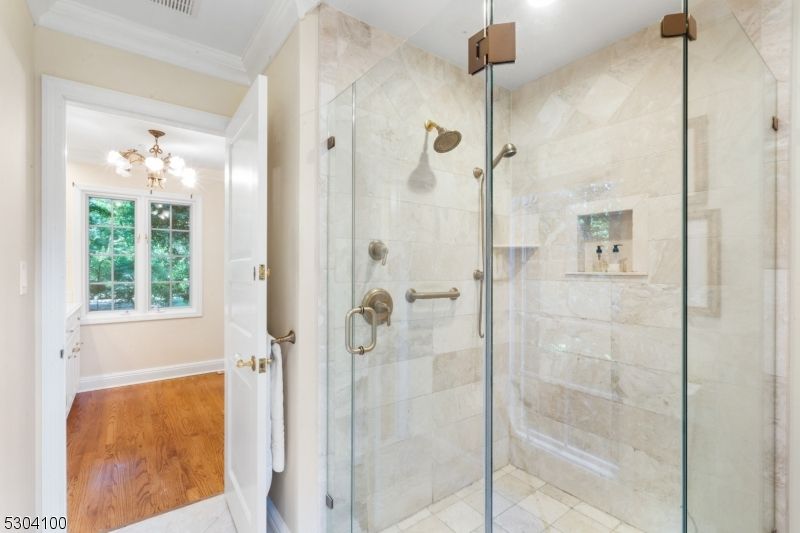 Bathroom, Glass Shower, Interior, Recessed Lighting, Wood Texture Flooring