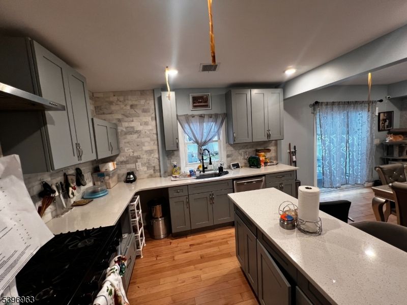 Interior, Kitchen, Recessed Lighting, Stone Walls, Wood Texture Flooring