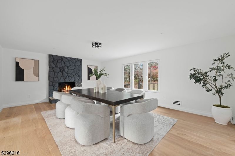 Dining room, Fireplace, Interior, Recessed Lighting, Wood Texture Flooring
