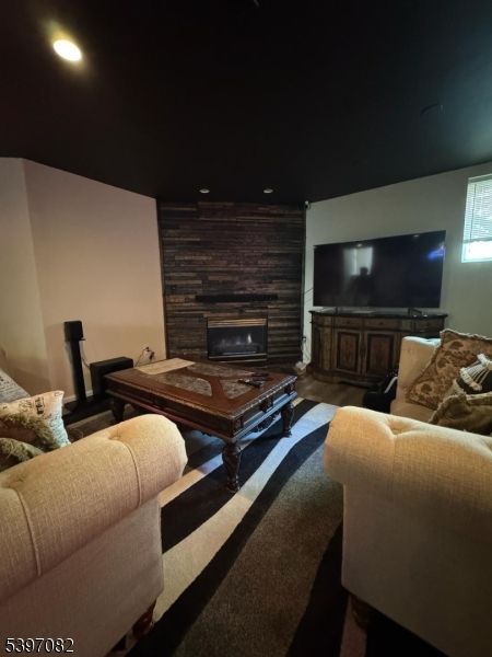 Fireplace, Interior, Living room, Recessed Lighting, Wooden Walls