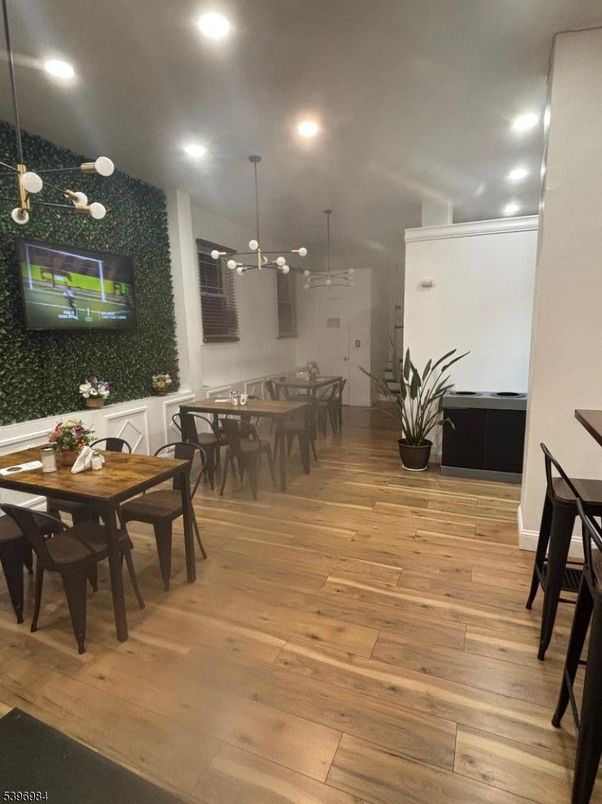 Dining room, Interior, Pendant Lights, Recessed Lighting, Wood Texture Flooring
