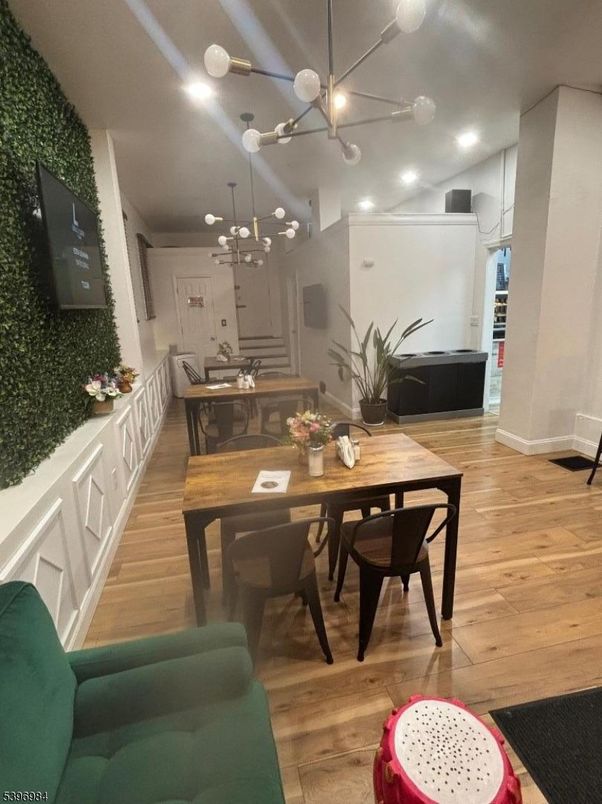 Dining room, Interior, Pendant Lights, Recessed Lighting, Wood Texture Flooring