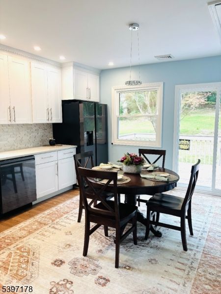 Dining room, Interior, Kitchen, Pendant Lights, Recessed Lighting, Wood Texture Flooring