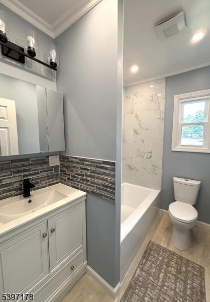 Bathroom, Interior, Marble Walls, Recessed Lighting, Wood Texture Flooring