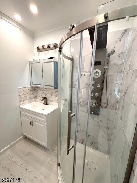 Bathroom, Glass Shower, Interior, Marble Walls, Recessed Lighting