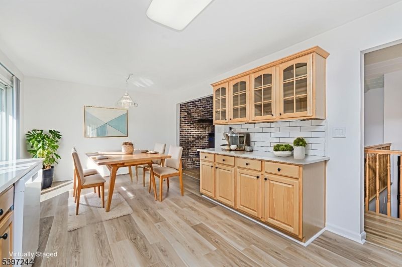 Dining room, Interior, Kitchen, Pendant Lights, Stone Walls, Wood Texture Flooring