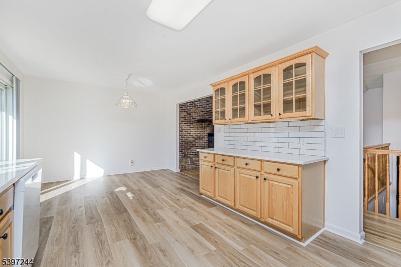 Empty room, Interior, Kitchen, Pendant Lights, Stone Walls, Wood Texture Flooring