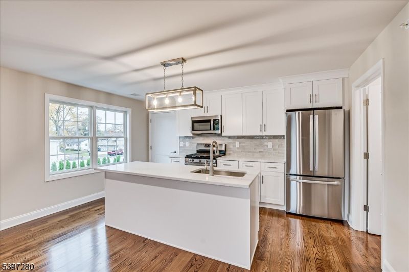 Interior, Kitchen, Pendant Lights, Stainless Steel Appliances, Wood Texture Flooring