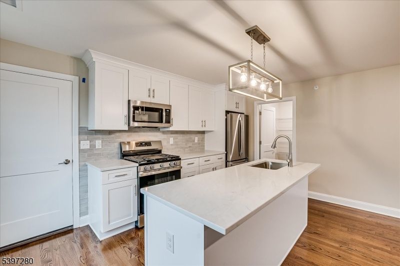 Interior, Kitchen, Pendant Lights, Stainless Steel Appliances, Wood Texture Flooring