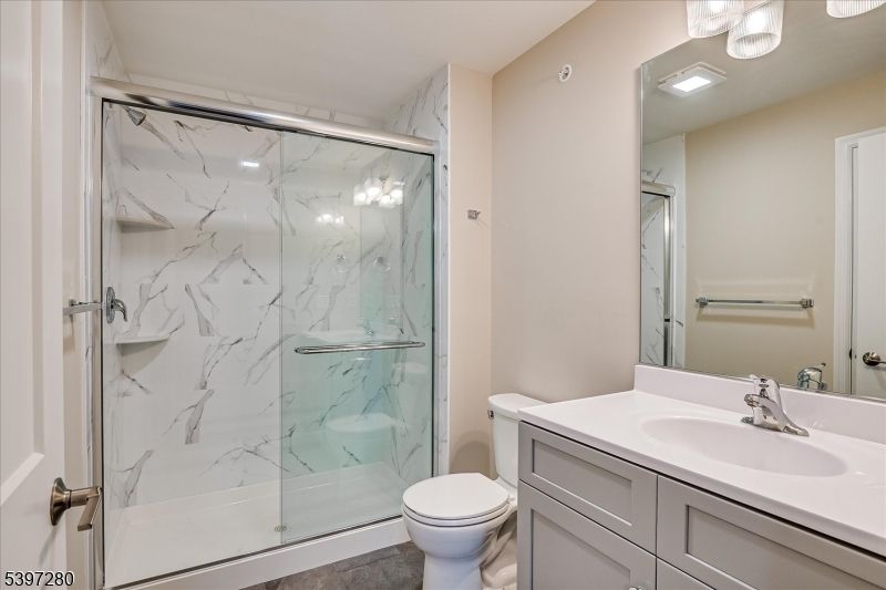Bathroom, Glass Shower, Interior, Marble Walls, Recessed Lighting