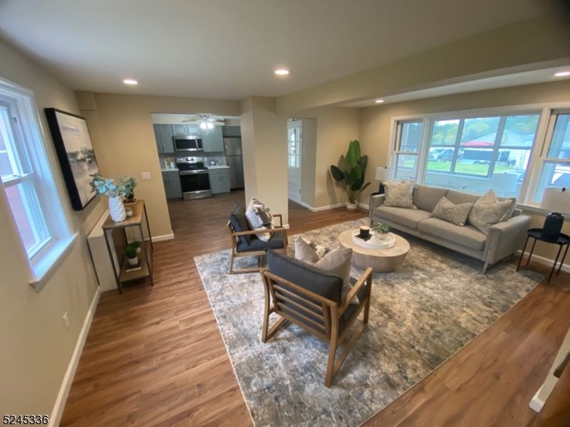 Interior, Kitchen, Living room, Recessed Lighting, Stainless Steel Appliances, Wood Texture Flooring