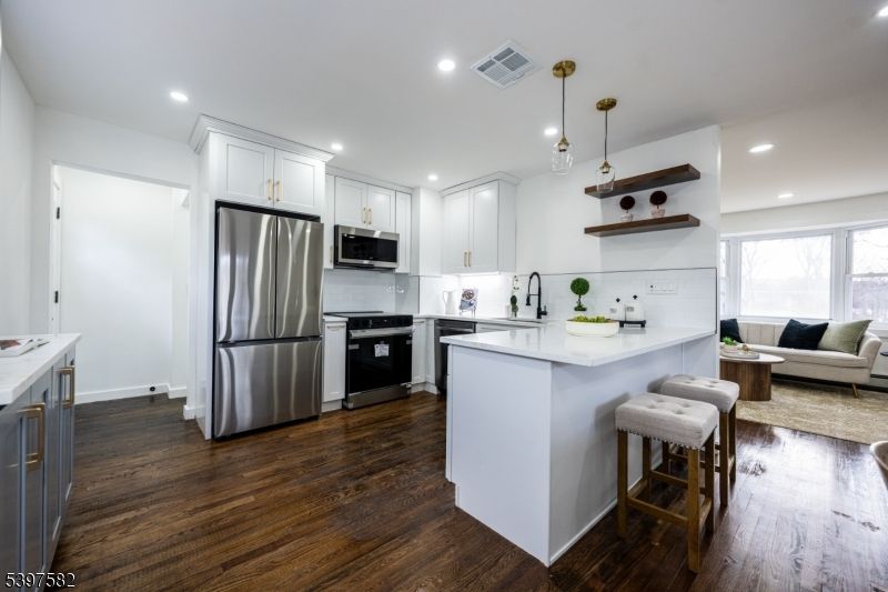 Interior, Kitchen, Living room, Pendant Lights, Recessed Lighting, Stainless Steel Appliances, Wood Texture Flooring