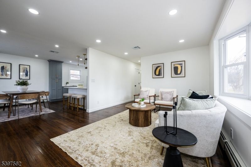 Dining room, Interior, Living room, Pendant Lights, Recessed Lighting, Wood Texture Flooring