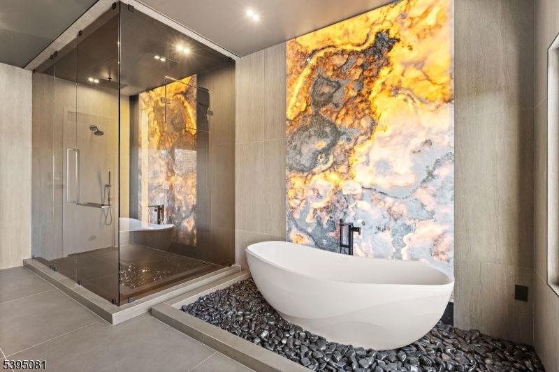 Bathroom, Free Standing Baths, Glass Shower, Interior, Recessed Lighting