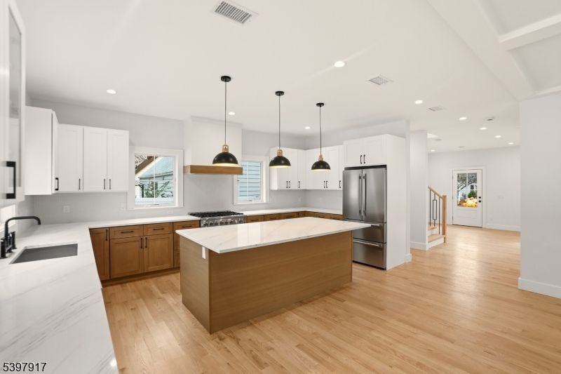Interior, Kitchen, Pendant Lights, Recessed Lighting, Wood Texture Flooring