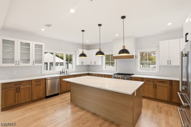 Interior, Kitchen, Pendant Lights, Recessed Lighting, Stainless Steel Appliances, Wood Texture Flooring