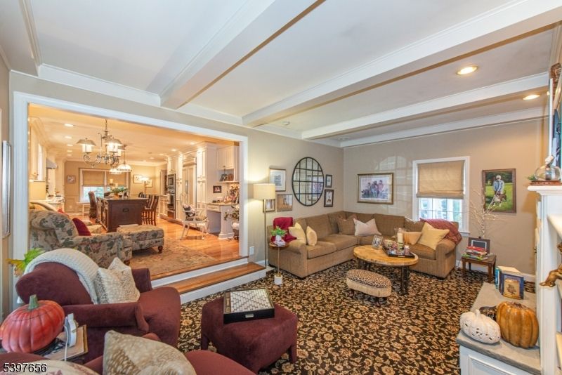 Chandelier, Dining room, Fireplace, Interior, Kitchen, Living room, Recessed Lighting