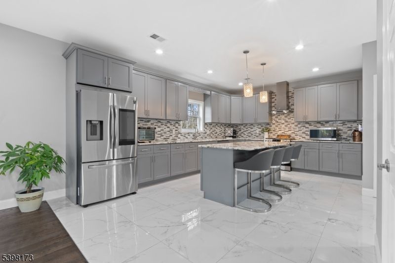 Interior, Kitchen, Marble, Pendant Lights, Recessed Lighting, Stainless Steel Appliances