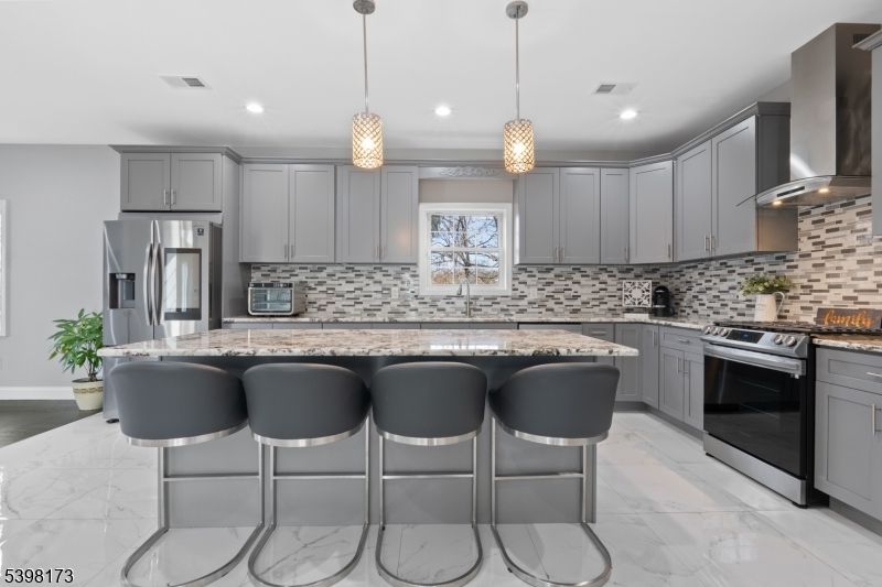 Interior, Kitchen, Marble, Pendant Lights, Recessed Lighting, Stainless Steel Appliances