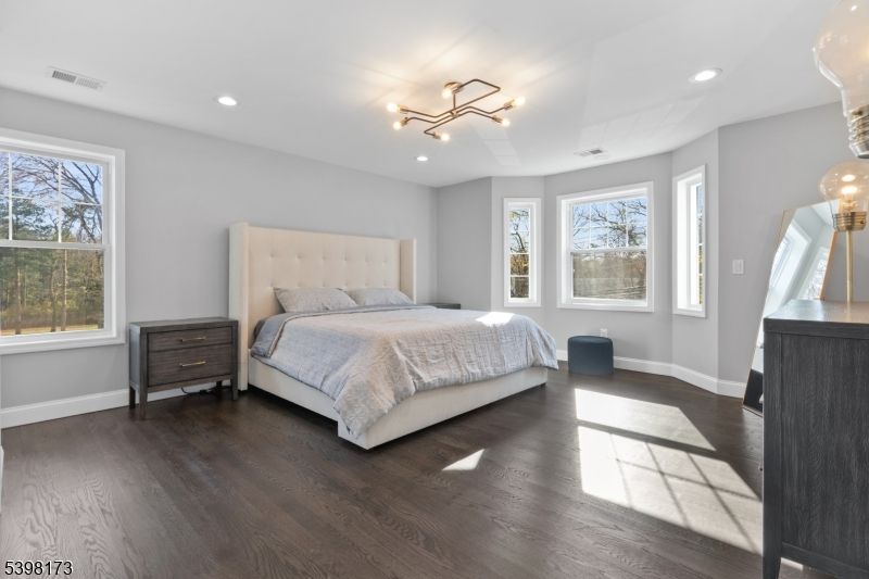Bedroom, Interior, Pendant Lights, Recessed Lighting, Wood Texture Flooring