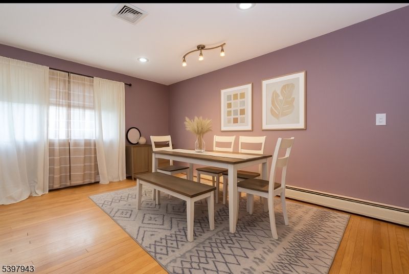 Dining room, Interior, Recessed Lighting, Wood Texture Flooring