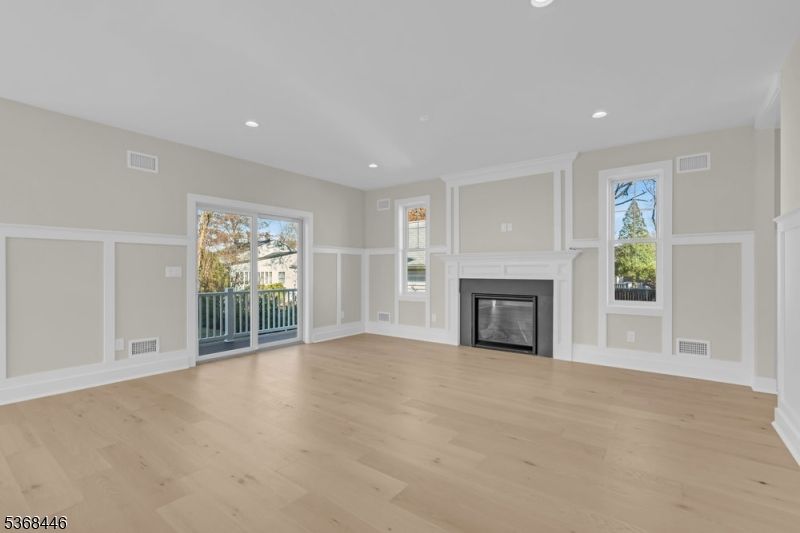Empty room, Fireplace, Interior, Recessed Lighting, Wood Texture Flooring