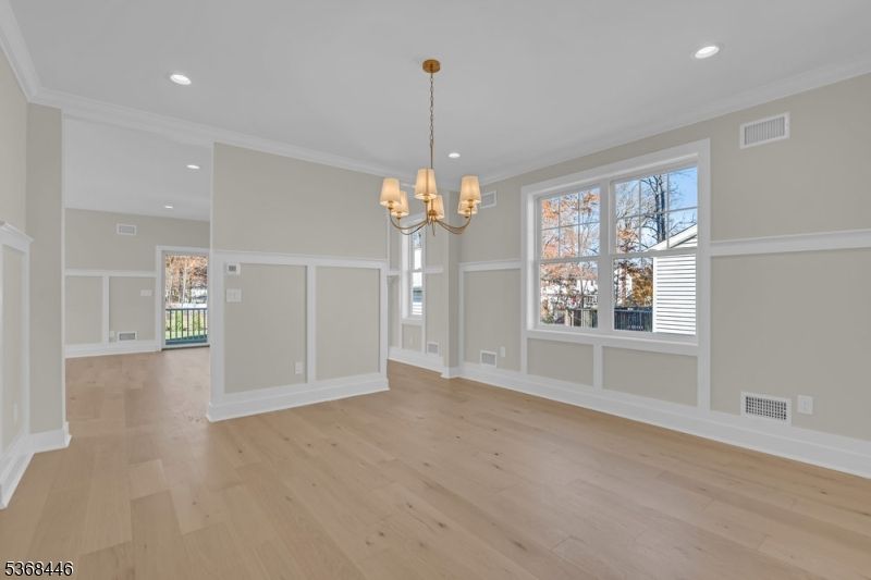 Chandelier, Empty room, Interior, Recessed Lighting, Wood Texture Flooring