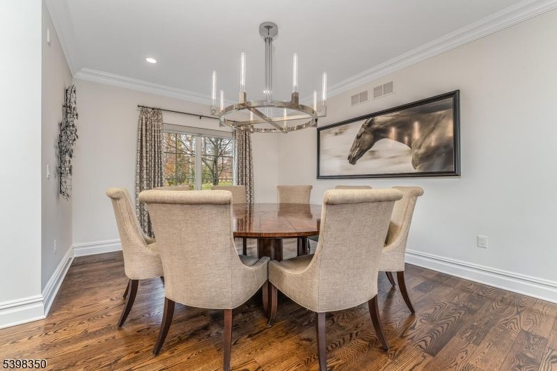 Chandelier, Dining room, Interior, Recessed Lighting, Wood Texture Flooring