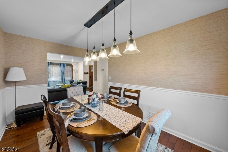 Dining room, Interior, Pendant Lights, Recessed Lighting, Wood Texture Flooring