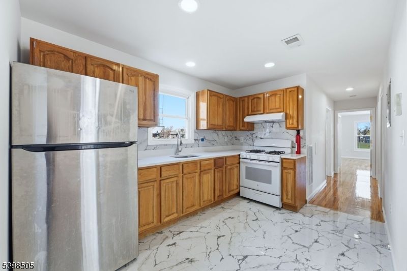 Interior, Kitchen, Marble, Recessed Lighting, Wood Texture Flooring