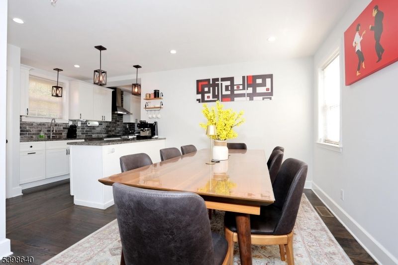 Dining room, Interior, Kitchen, Pendant Lights, Recessed Lighting, Wood Texture Flooring